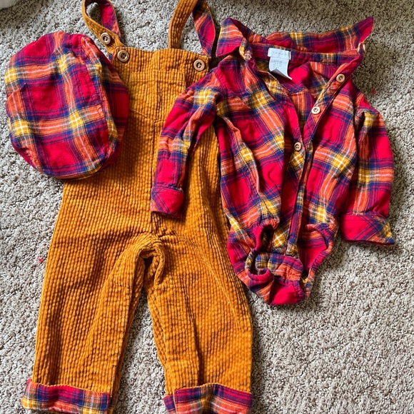 Tahari Other - Tahari 3 piece corduroy overalls, flannel and hat set